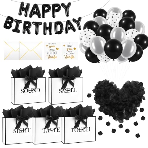 Epoesch 5 Senses Gift Bags for Him with Labels, Tissue Paper & Bow Ribbon | Happy Birthday Decorations Kit with Banner,Balloons, Rose Petals, Envelope, Card for Men, Women and Her (White with black trim)