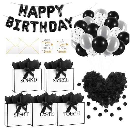Epoesch 5 Senses Gift Bags for Him with Labels, Tissue Paper & Bow Ribbon | Happy Birthday Decorations Kit with Banner,Balloons, Rose Petals, Envelope, Card for Men, Women and Her (White with black trim)