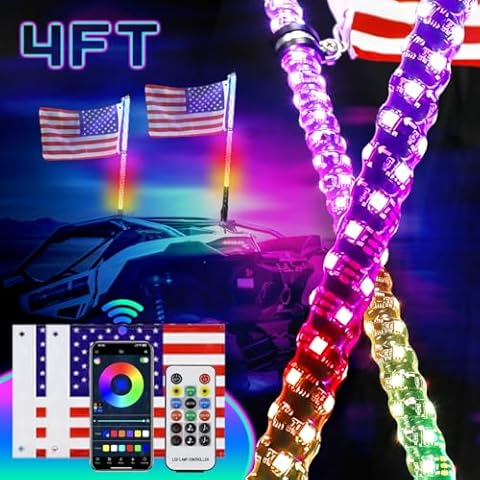 UNI-SHINE 2PCS 4FT LED Whip Lights with Spring Base Spiral RGB Chasing Lights with APP & Remote Control, Music Antenna Whip Light for Can-Am UTV ATV RZR Can-Am SXS Polaris Offroad Cover