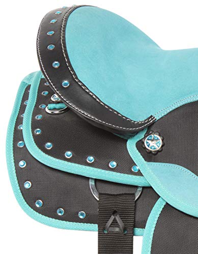 Acerugs 10” 12” 13” Purple Red Pink Blue Silver Crystal Western Horse Pony Saddles Sets Synthetic Headstall Reins Breast Collar Pad (Turquoise, 10" Pony) #TOP5