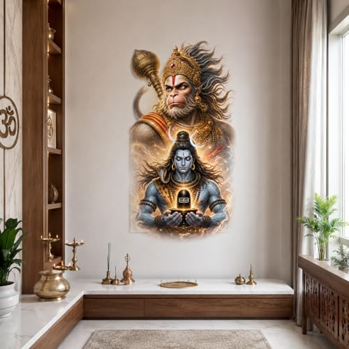 Image of Rangoli Shiv Hanuman Wall Sticker Self-Adhesive 13 x 24 Inch Waterproof Wall Decor for Living Room Bedroom Office Spiritual Shiva Hanuman Wall Decal