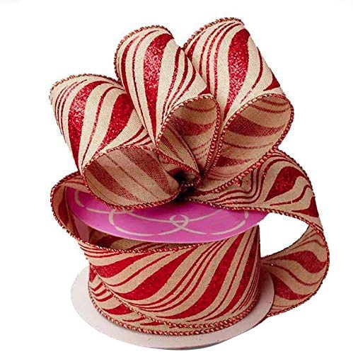 Image of Curve Striped Wired Christmas Ribbon - 2 1 /2 inch x 10 Yards, Valentine's Day, Red Glitter Stripes, Natural Ribbon, Candy Cane Swirls, Garland, Gifts, Wrapping, Wreaths, Bows