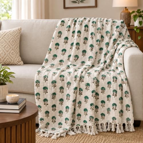 Image of Jute Cotton Hand Block Printed Sofa Throw 50 x 70 Inch or 127 x 177.8 Centimeters, Handmade Coverlet for Sofa, Couch & Living Room, Decorative Home Furnishing (Green Buti, Pack of 1)