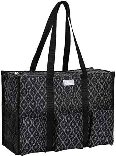Pursetti Utility Tote with Pockets & Compartments-Perfect Nurse Tote Bag, Teacher Bag, Work Bags for Women & Craft Tote (Black Trellis)
