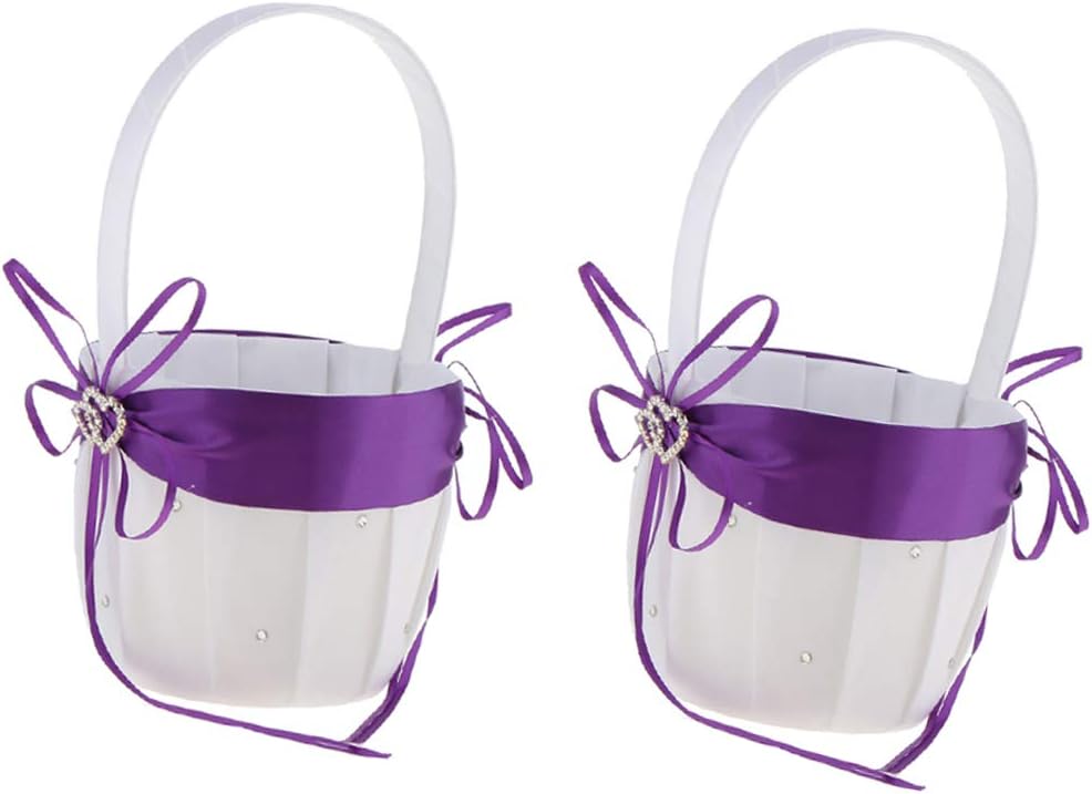 Set of 2 White Wedding Basket 2 Crystal Hearts and Vintage Bows Ribbon Gifts for Women