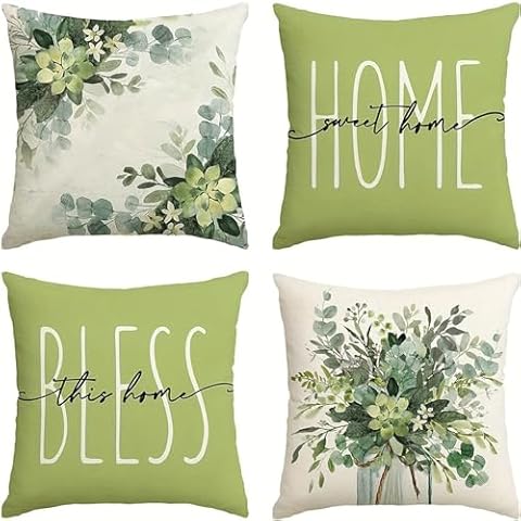 Bnibol Spring 18''x18'' Throw Pillow Cover Set of 4, Home Bless Flower Printed Throw Pillowcases,Green Home Decor Bloom Pillowslip. (Green, 18''x18'') Cover