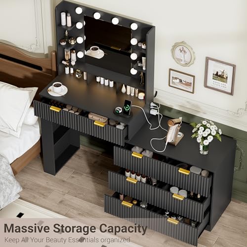 Image of Vanity Desk with Mirror and Lights, Fluted Makeup Vanity with 8 Drawers, Storage Shelves, RGB Light and Power Outlet, Bedroom Dessing Table for Women, Girls, Black,56.7 inch