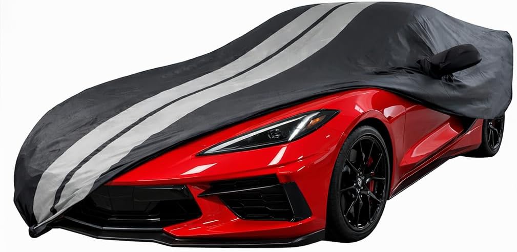 SR1 Performance USA C8 Corvette Car Cover - Ultraguard PEVA Indoor/Outdoor Waterproof All Season - Custom High End Fit for 2020-2026 Stingray, Z51, Z06, E-Ray Corvettes (Black with Gray Stripes)