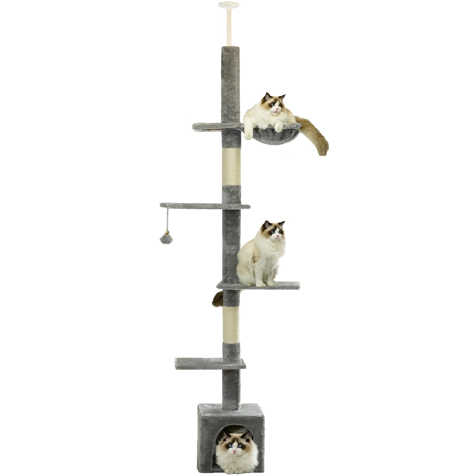 Cat Tree Floor to Ceiling Cat Tower with Adjustable Height, Cat Climbing Activity Center with Cozy Condo& Hammock, Platforms and Dangling Balls for Indoor Cats (Light Gray, 007)