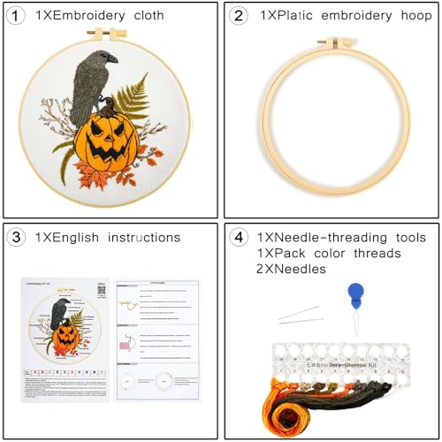 Image of Crafmanoe Halloween Embroidery Starter Kits for Beginners Adults, Fall Pumpkin Stamped Cross Stitch Kits for Beginners Adults, Crow Gothic Embroidery Needlepoint Kits, Hoops, Fabric and Video Tutorial