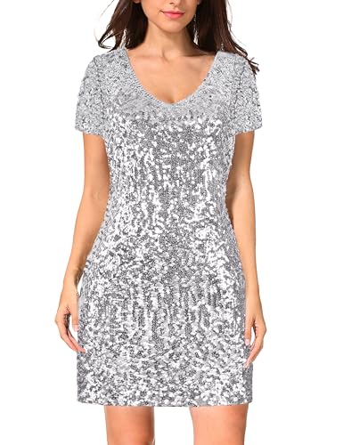 Image of MANER Women's Sequin Glitter Short Sleeve Dress Sexy V Neck Mini Party Club Bodycon Dresses