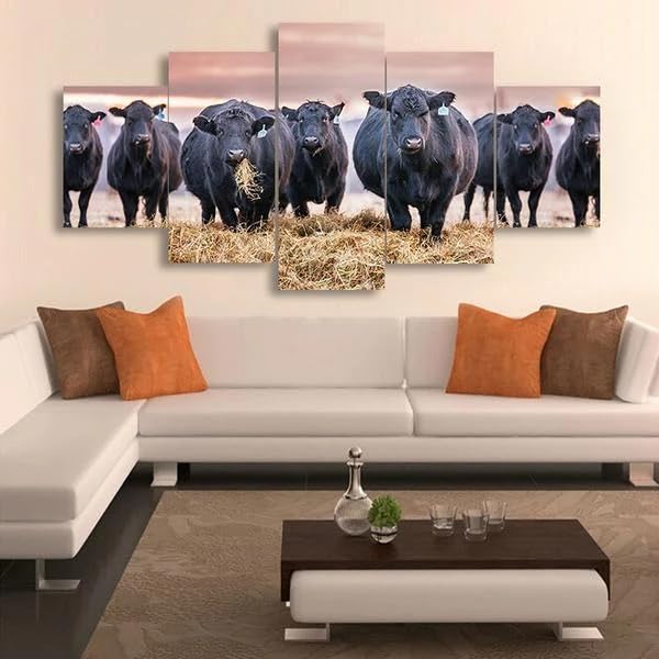 Tableau Décoration Murale Salon Impression sur Toile 5 Parties Troupeau de Vaches Noires Ferme