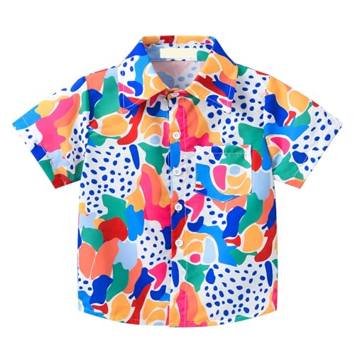 Boys Girls Hawaii Shirt Cool Summer Casual Blouse Short Sleeve Button Down Tops Shirt Cute Top for Kids (Blue, 6-7 Years)2