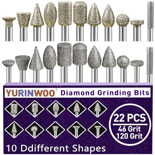 46-Grit &120-Grit Diamond Grinder Bit 1/8' Shank Compatible with Dremel Rotary Tool, 22Pcs Stone Carving Diamond Drill Bits for Carve Engrave Polish Wood Resin Porcelain Ceramic Quartz Metal