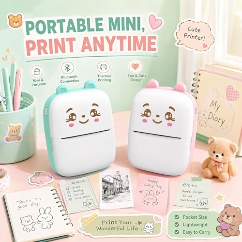 Image of NPIBS Mini Thermal Printer, Cute Bear Portable Bluetooth Sticker Printer with 1 Roll Paper, Pocket Label Maker for DIY Journal, Photos, Study Notes, Kids Gift - Blue & Pink Available