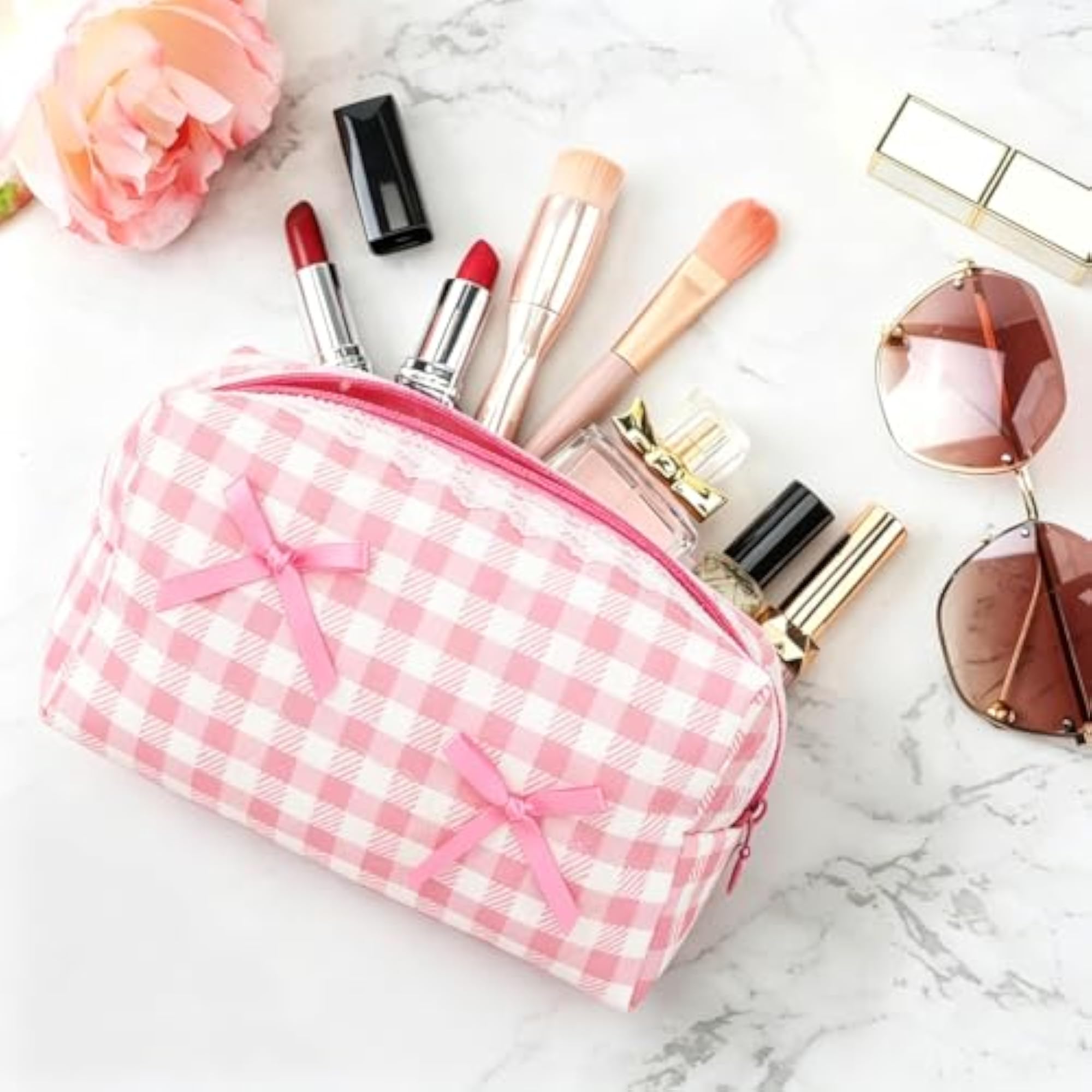Pink Gingham Quilted Cosmetic Bag, Cute Toiletry Organizer