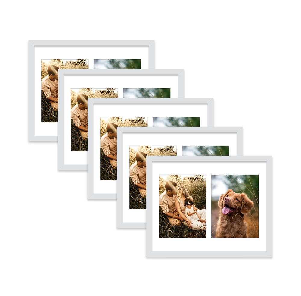 Light Grey Multi Photo Frame - Holds 2 x 8x6 Pictures, Family Collage Picture Frame for Wall Display, 14x11 Frame size, Set of 5