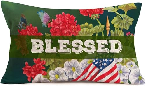 Miniatura 1 de Royalours Blessed American - Fundas de almohada decorativas de 12 x 20 pulgadas, bandera americana con flores de jacinto, funda de almohada lumbar