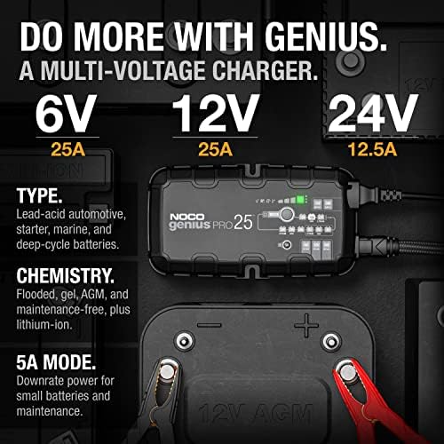 NOCO GENIUSPRO25, 25A Professional Smart Car Charger, 6V, 12V and 24V Heavy-Duty Battery Charger Maintainer, Power Supply and Desulfator for AGM, Leisure, Lithium, Gel, Boat, Van and Caravan Batteries