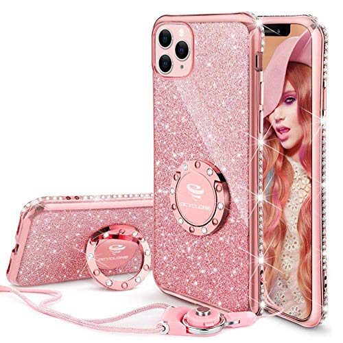 OCYCLONE Funda iPhone 11 Pro MAX 6.5', Glitter Dimante Ultra Delgada TPU Carcasa con Anillo Kickstand de 360 y Cordon, Brillante Cover Protectora...