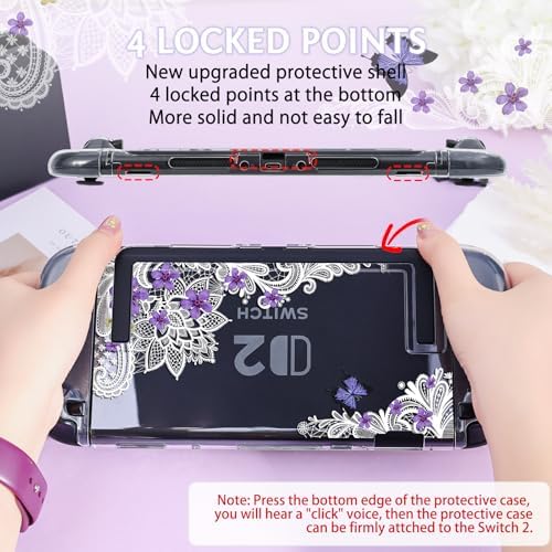 DLseego Protective Case Flower Floral Clear Switch 2 (2025), Detachable Joy-Handle Protective Case 2-Piece Split Full Wrap PC Hard Shell Anti-Scratch All-Round Protection Cover, Butterfly, Purple - 2