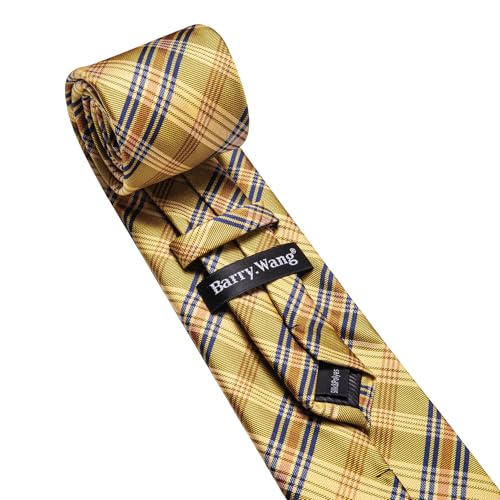 Image of Barry.Wang Plaid Ties Check Mens Necktie Set with Handkerchief Cufflinks Classic Stripe