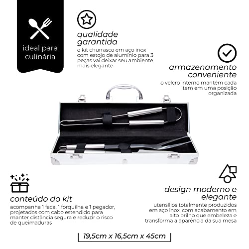 Mimo Style Jogo Para Churrasco 3 Peças Com Maleta, Fabricados em Aço Inox, Inclui Faca, Forquilha e