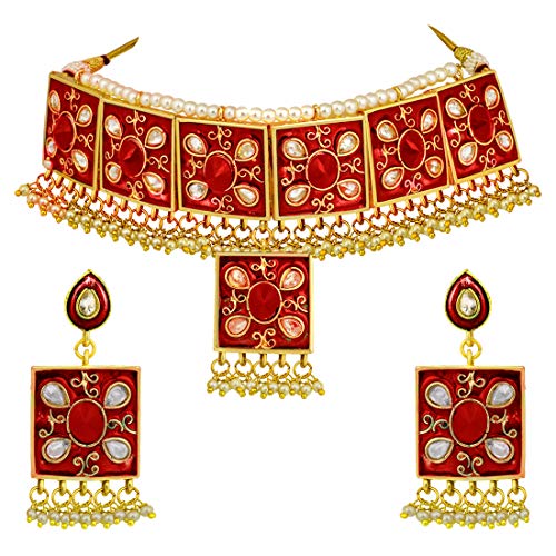 Aheli - Juego de collar y pendientes de estilo indio para mujer, esmaltados, color granate