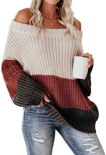 VIMPUNEC Womens Oversized Sweater Color Block Off The Shoulder Pu...
