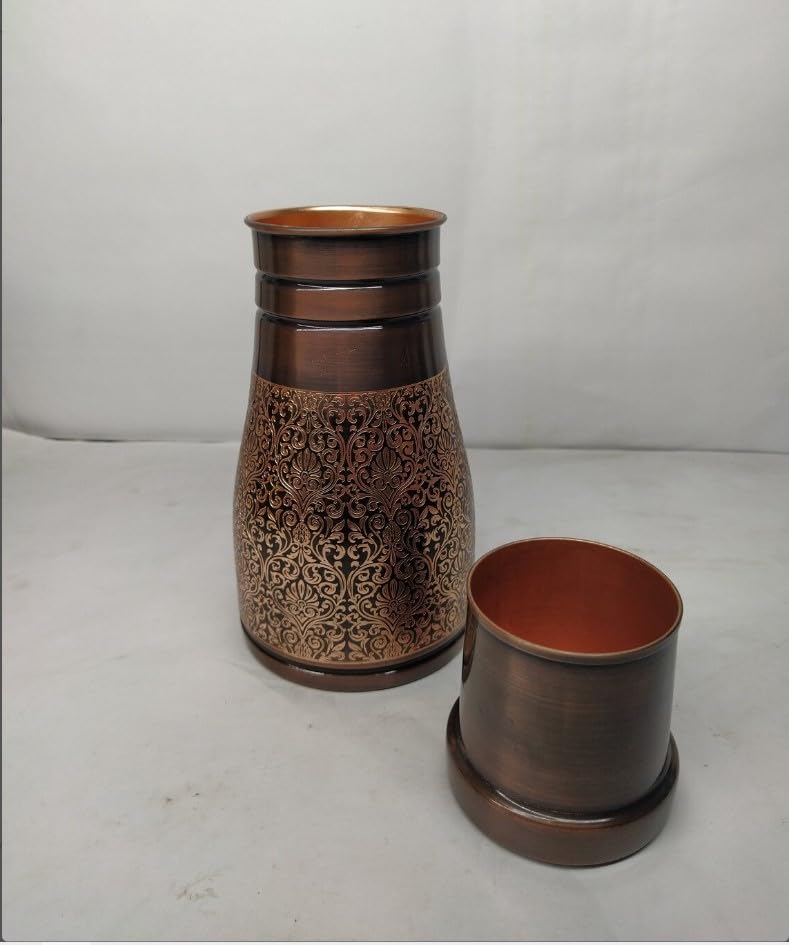Hygge Antique Embossed Pure Copper Bedside Carafe with Tumbler, 1L (34 oz) Water Pitcher for Home Yoga & Ayurveda