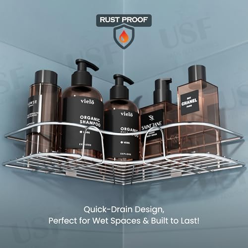 Image of U-S-F BATH ACCESSORIES USF Corner Organizer Shelf Combo for Bathroom Wall, Stainless Steel Self Adhesive Storage Rack for Toiletries and Kitchen Use with Easy Setup (Chrome, Pack of 2)