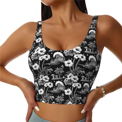 Black White Hawaiian Style(1) Print Sports Bras for Women, Built in Bra Athletic Workout Crop Tank Tops for Women