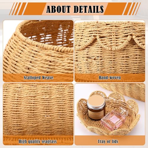 Image of Cinnvoice Set of 3 Scalloped Baskets with Lids 10 /13 /14 Inch Hand Woven Storage Wicker Baskets for Baby Shower Gifts Baby Diaper Caddy Organizer for Nursery Room(Paper Rope)