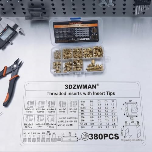 Image of Heat Set Insert Tools kit Brass Nuts 3D Printing 60W Digital Soldering Iron and 380 Pcs Kit Threaded Inserts with Insert Tips M2 M2.5 M3 M4 M5 M6(1 /4) M8 for Inserts 3D Printing and Plastic