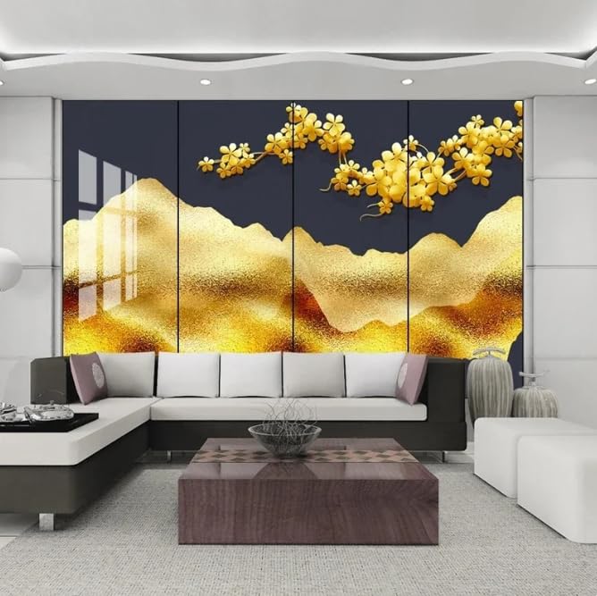 Papier peint 3D vague d'or fleurs pour transformer un mur blanc en salon moderne