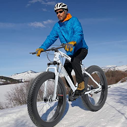 Omelaza 26 Inch Fat Tire Mountain Bike with Dual Disc Brakes, 4 Inch Wide Tires with 21 Speeds, High-Carbon Frame, Mountain Bicycle for Men and Women, Front Suspension Beach Bike for Adult White