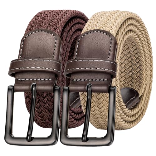 Alphyly Neries 2 Pack Men's Elastic Belt, Braided Canvas Fabric Stretch Golf Belt, Brown and Khaki, Fits Waist Sizes 30-35”