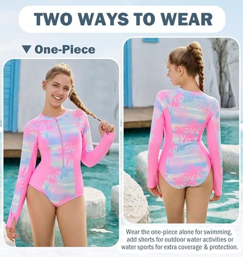 HOZIY Rash Guard for Teen Girls Modest Long Sleeve Tween Size 10-12 Two Piece Swimsuit Bathing Suits with Pocket Swim Shorts Kdis Rashguard Swimwear