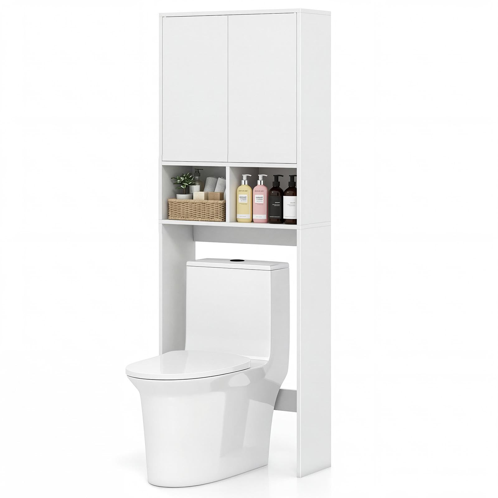 LIFEZEAL Mobile sopra Lavatrice e Asciugatrice, Armadietto Salvaspazio con 2 Ante, Ripiano Regolabile, 2 Scomparti Aperti, Mobile sopra WC, Bianco, 59 x 23 x 166 cm