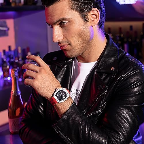 Image of TSAR BOMBA Men's Automatic Watch Tonneau Luxury Skeleton Watches for Men Mechanical 50M Waterproof Analogue Watches Mens Unique Cool Square Big Face Dial Wristwatch with Silicone Strap Band