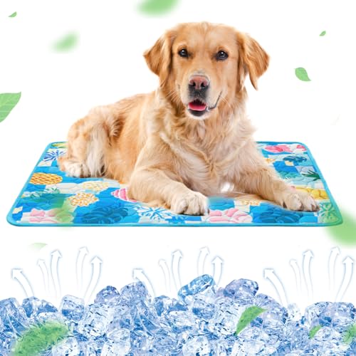 RANJIMA Kühlmatte für Hunde Groß, Selbstkühlend Hundematte 100 * 70cm Kühldecke für Hunde, Ungiftig Waschbar Hund Kühlkissen Hundekühlmatte XL für Drinnen, Draußen und Auto, Blau-01