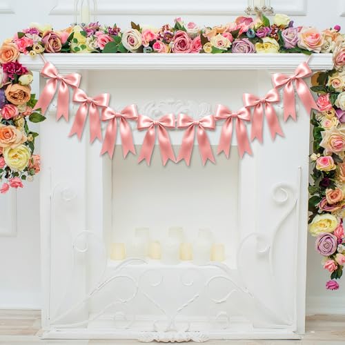 Image of 1 String of 8PCS Rose Pink Bow Garland Banner Decoration,Pre-Strung Satin Ribbon Ornaments for Birthday,Bachelorette Party,Bridal Shower,Wedding,Engagement,Baby Shower,Graduation Decor,Anniversary