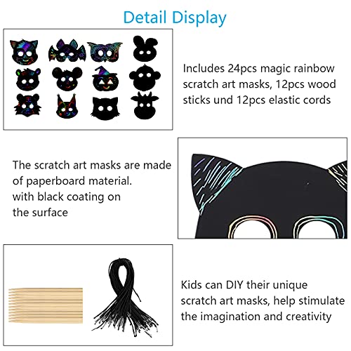 LAMEK 24pcs Kratzbilder Maske Kinder Kratzpapier Tiermasken Bastelset DIY Mitgebsel Set zum Basteln Rubbelkarten Regenbogen Kratzmasken mit 12 Holzstiften für Halloween Karneval Geburtstag,12 Design