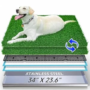Dog Grass Pad with Tray, Reusable Large Artificial Turf Grass Potty and Puppy Pee Pads for Dogs, Portable Stainless Steel Dog Litter Box for Indoor/Outdoor Potty Training Toilet