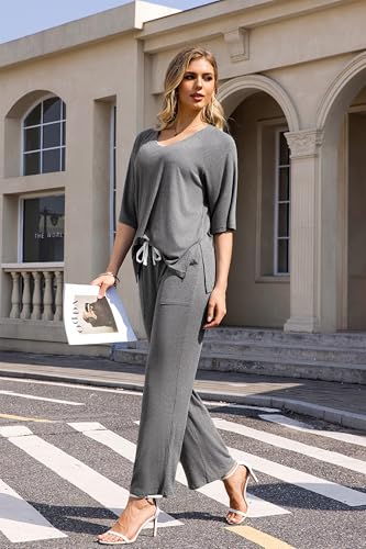 Image of difficort 2 Piece Lounge Sets for Women Summer Outfits Vacation Loungewear | Knit Raglan Short Sleeve Wide Leg pant with Pockets