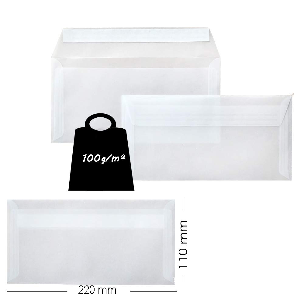 Buste DIN lunghe, 110 x 220 mm, 120 g, linguetta dritta con adesivo, ideali per compleanno, Natale, 200 x 60 cm, trasparenti