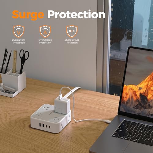 Image of TESSAN Surge Protector Power Strip, 5 Ft Flat Plug Extension Cord with 4 USB (2 USB C) 8 Outlets, 1250W, 900J Protection, 3 Sided Outlet Extender with Power Switch for Office, Dorm Room, Grey