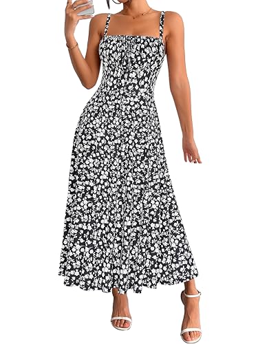 Image of YATHON Women's Summer Midi Corset Boho Dresses Spring Casual Floral Spaghetti Straps Lace Up Dress Flowy Aline Beach Sundress