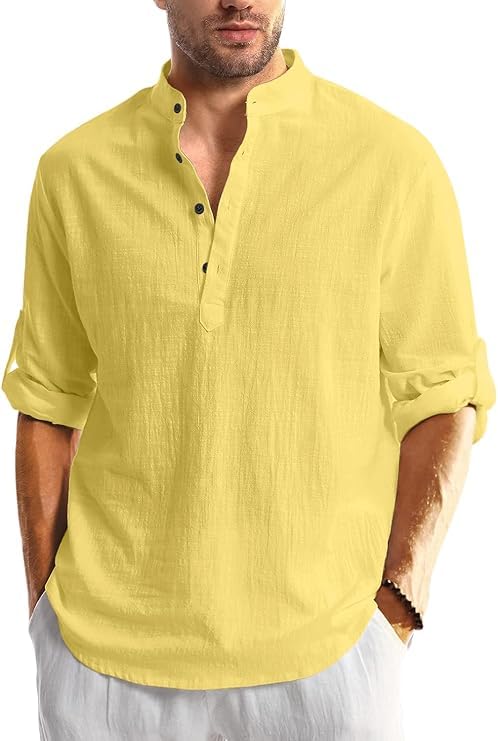 Image of Men's Full Sleeve Beige Color Cotton Blend Mandarin Slim Fit Shirt Style Kurta for Men and Boys
