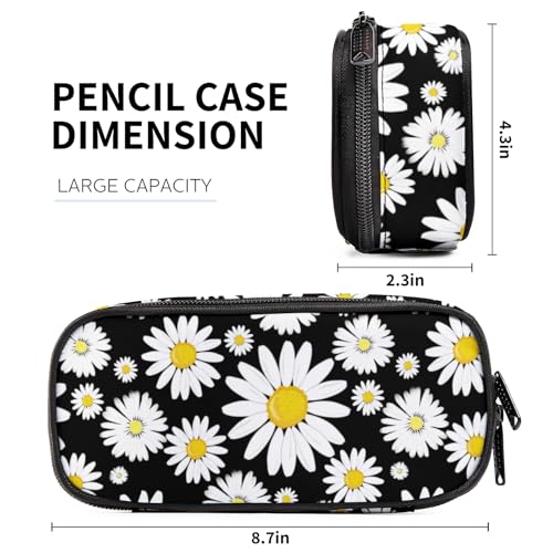Image of Daisy Pencil Case for Boy Girl Teens, Big Capacity Black Pen Bag with Zipper, Organizer For Home Desk Office School Cosmetic Makeup Bag